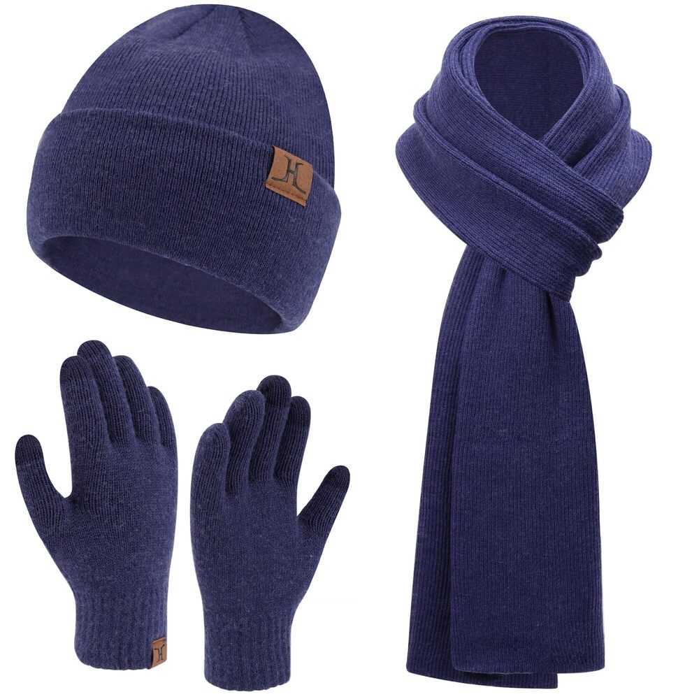 1786 Winter Warm Beanie Hats Long Scarf Neck Touchscreen Gloves Set Ribbed